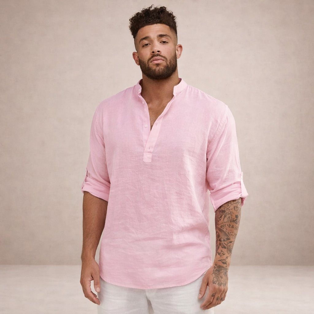 Men's relaxed resort shirt with open placket, roll sleeves; a stylish top for summer travel.