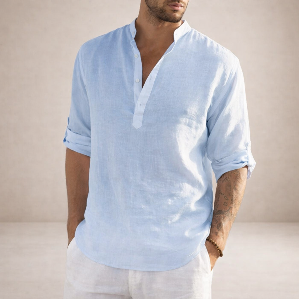 Relaxed fit men's casual shirt with roll sleeves & open placket, ideal for travel & vacation.