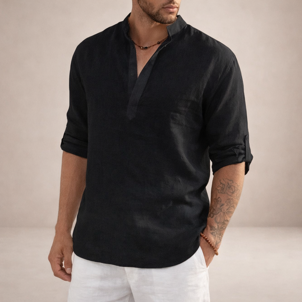 Men's open placket roll sleeve shirt, a versatile travel & beachwear top for summer.