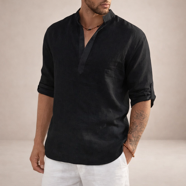 Men's open placket roll sleeve shirt, a versatile travel & beachwear top for summer.