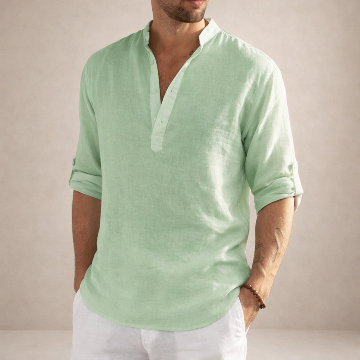 Lightweight men's open placket shirt with roll sleeves, ideal for resort & summer fashion.