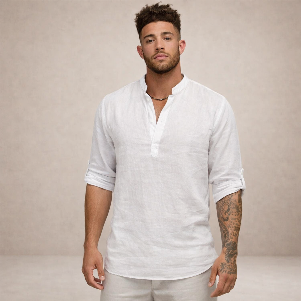 Open placket men's shirt with adjustable roll sleeves, relaxed fit for resort & vacation style.