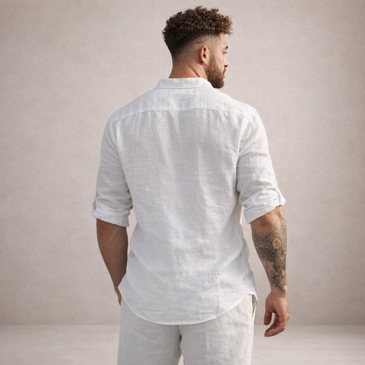 Men's casual open placket roll sleeve shirt. Relaxed fit for summer, resort, & travel.