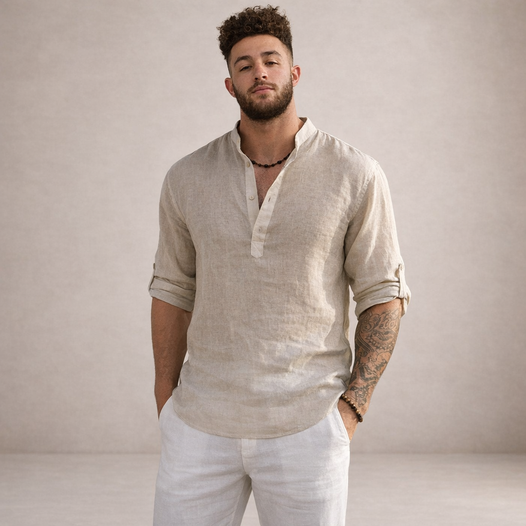 Men's resort style shirt, open placket, roll sleeves. Perfect for beachwear and summer fashion.