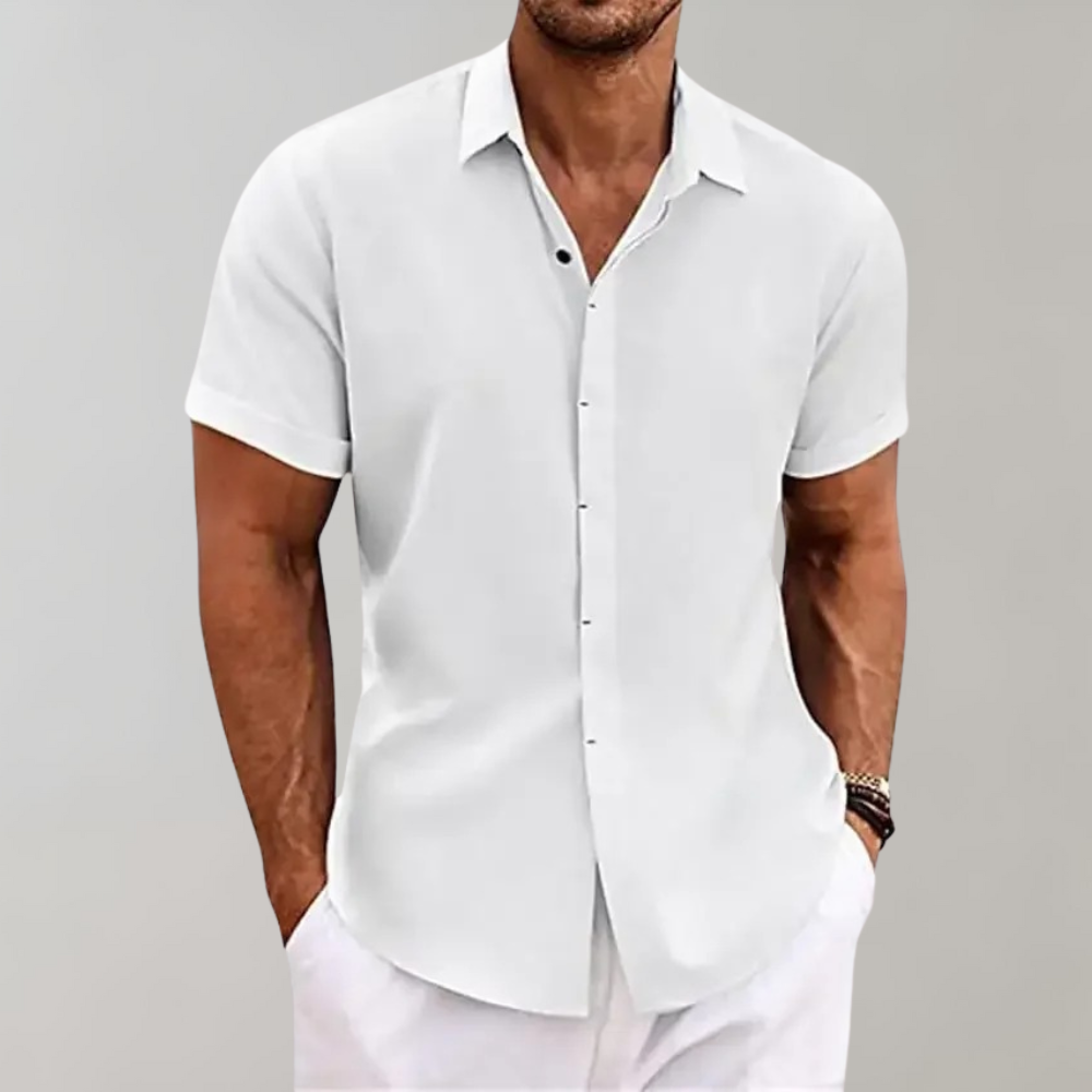 Comfortable men's relaxed fit short sleeve button-up shirt. Essential for daily casual & summer style.
