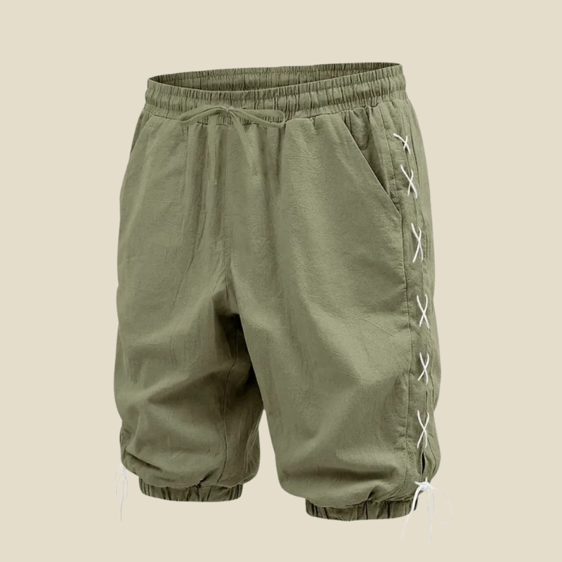 Men's knee-length casual shorts. Relaxed fit, lace-up sides, and elastic drawstring waist for summer comfort.