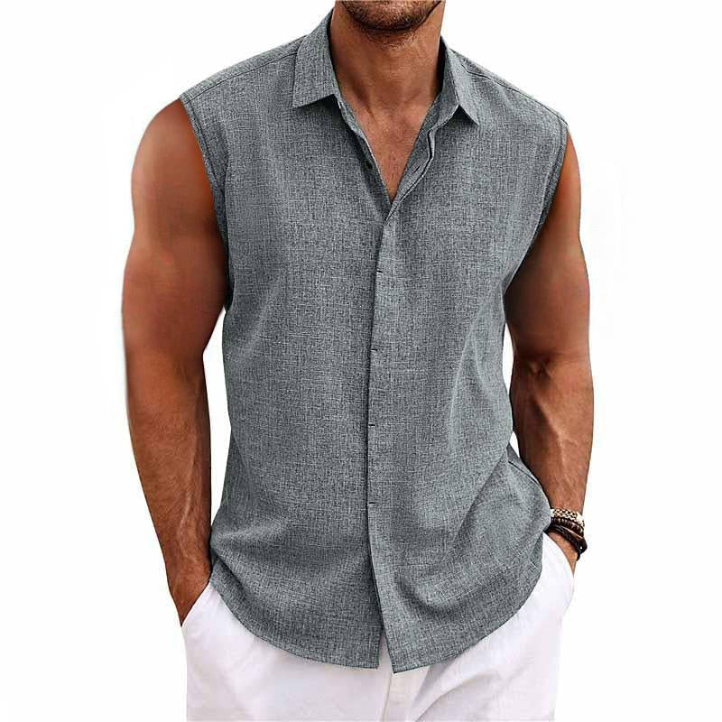 Men's relaxed fit sleeveless button-down shirt in a light fabric, perfect for casual summer style and warm weather.