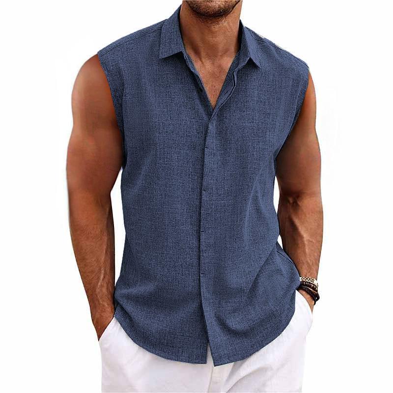 Casual men's sleeveless shirt, ideal for summer vacations & effortless warm weather style. Relaxed fit button-down.