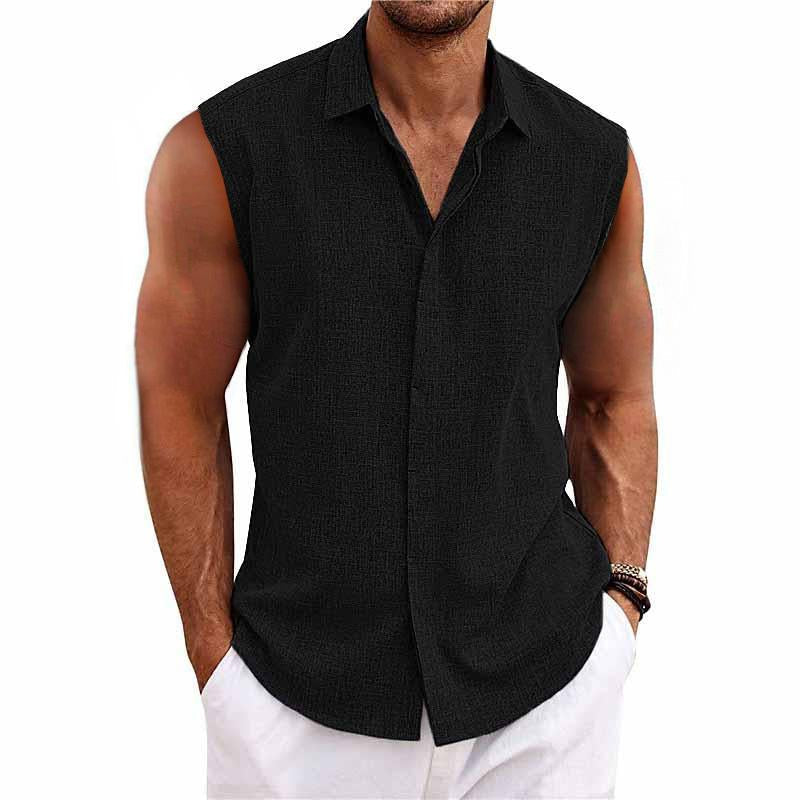 Versatile men's sleeveless button-down shirt with a relaxed fit. Great for casual summer wear & easy care style.