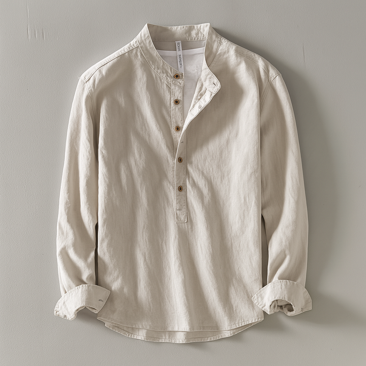 Men's relaxed fit stand collar half button shirt, a stylish long sleeve casual top for men's fashion.