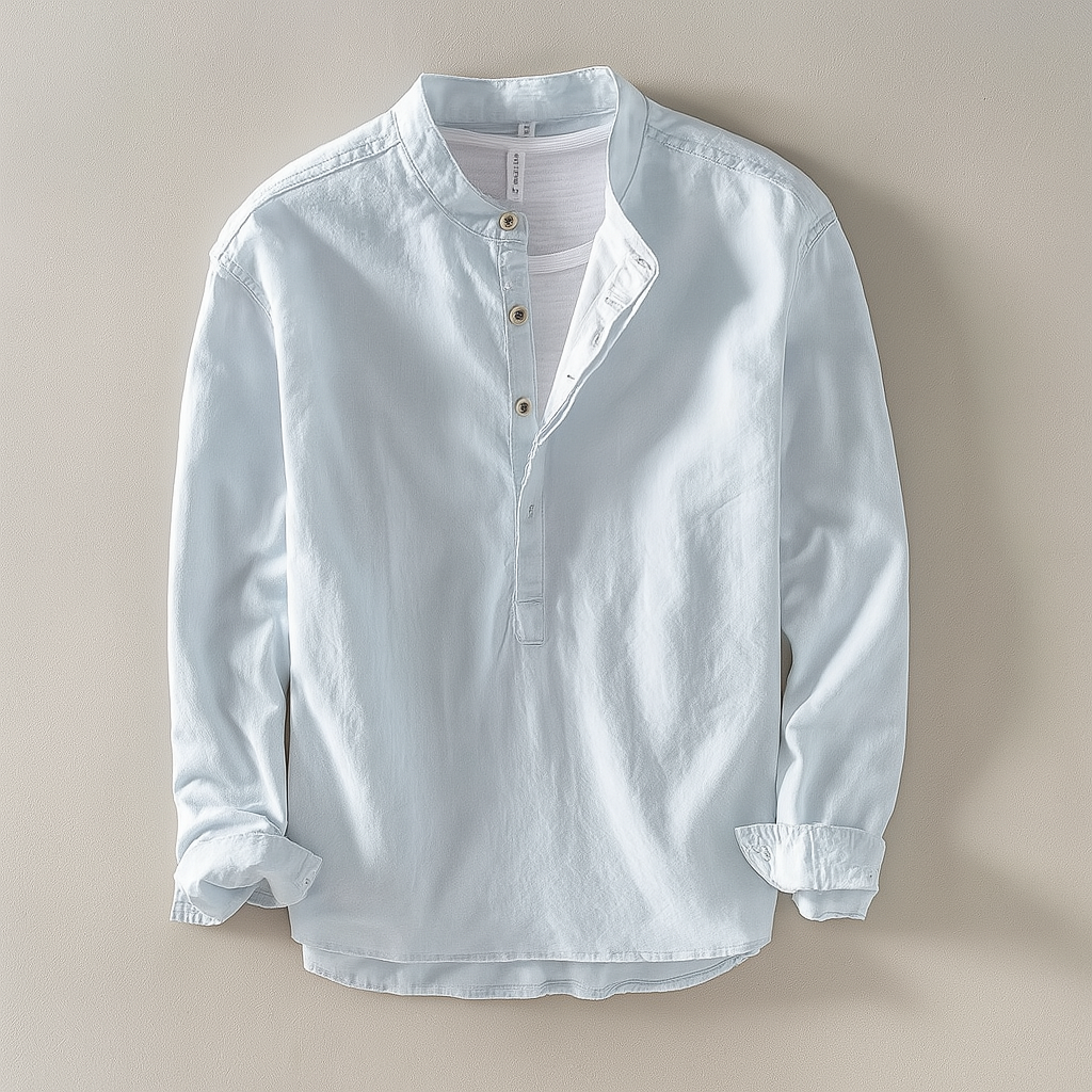 Beige men's stand collar shirt with half button placket, relaxed fit, ideal for summer casual wear.