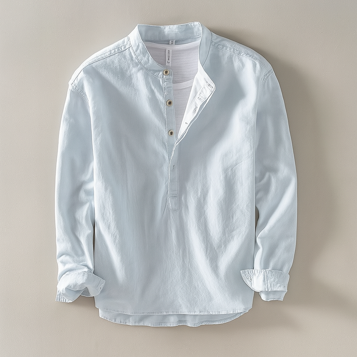 Beige men's stand collar shirt with half button placket, relaxed fit, ideal for summer casual wear.