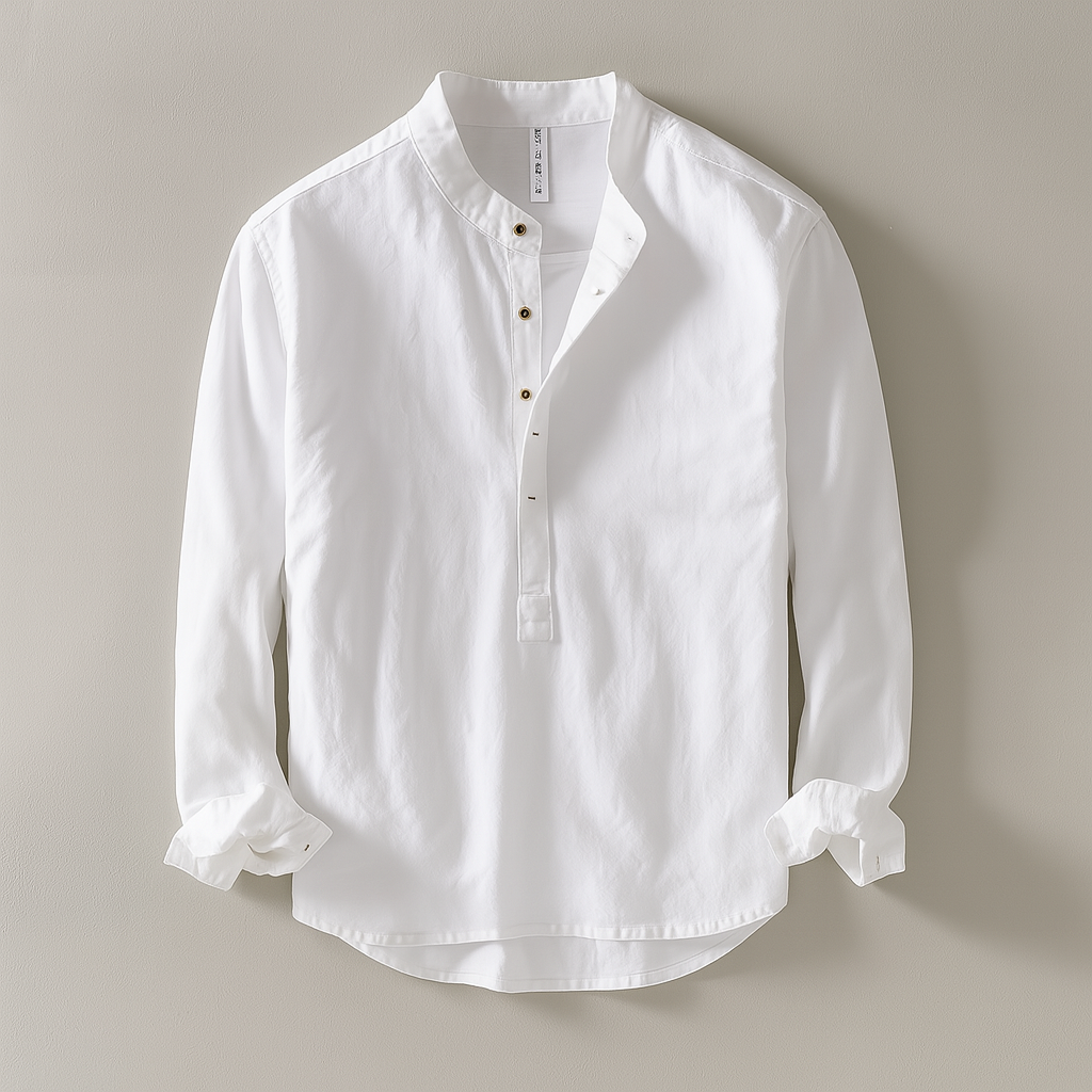 Blue men's long sleeve half button shirt, stand collar, relaxed fit for smart casual men's style.