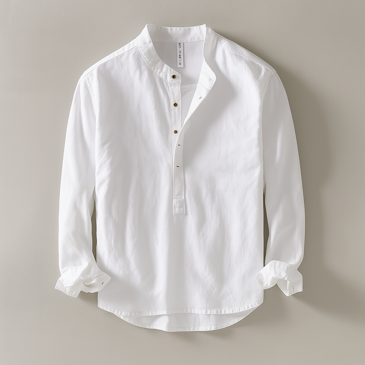Blue men's long sleeve half button shirt, stand collar, relaxed fit for smart casual men's style.