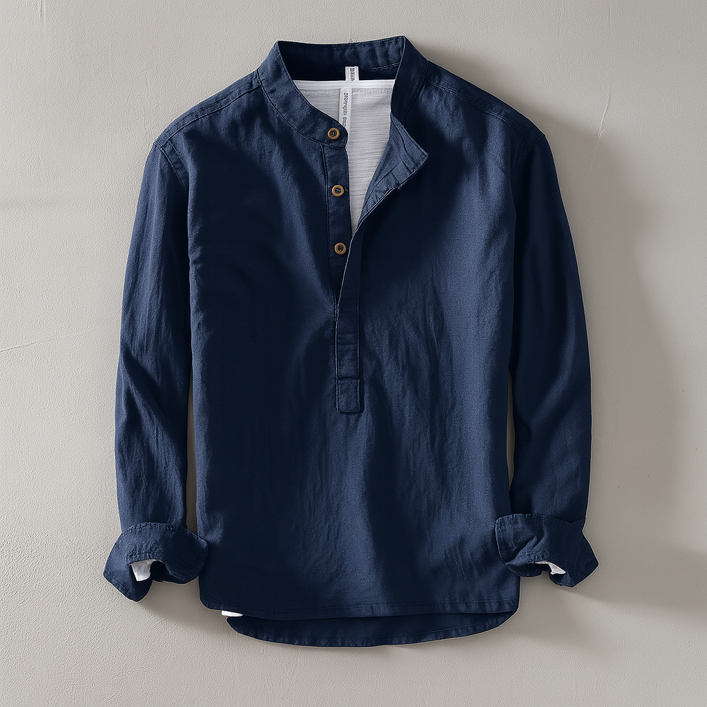 White men's stand collar half button casual top, relaxed fit, comfortable long sleeve for everyday wear.