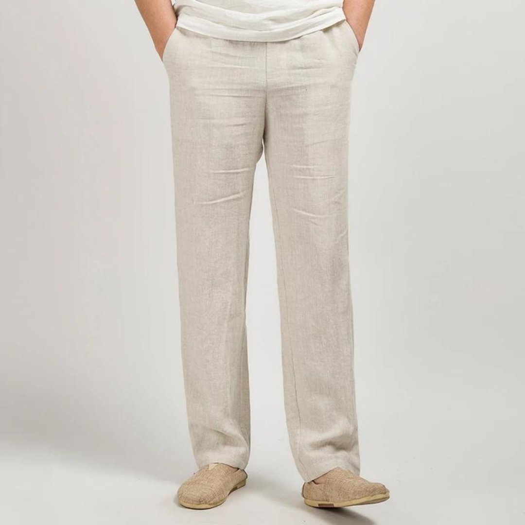 Men's relaxed fit straight leg casual pants with elastic waist. Comfortable everyday wear.