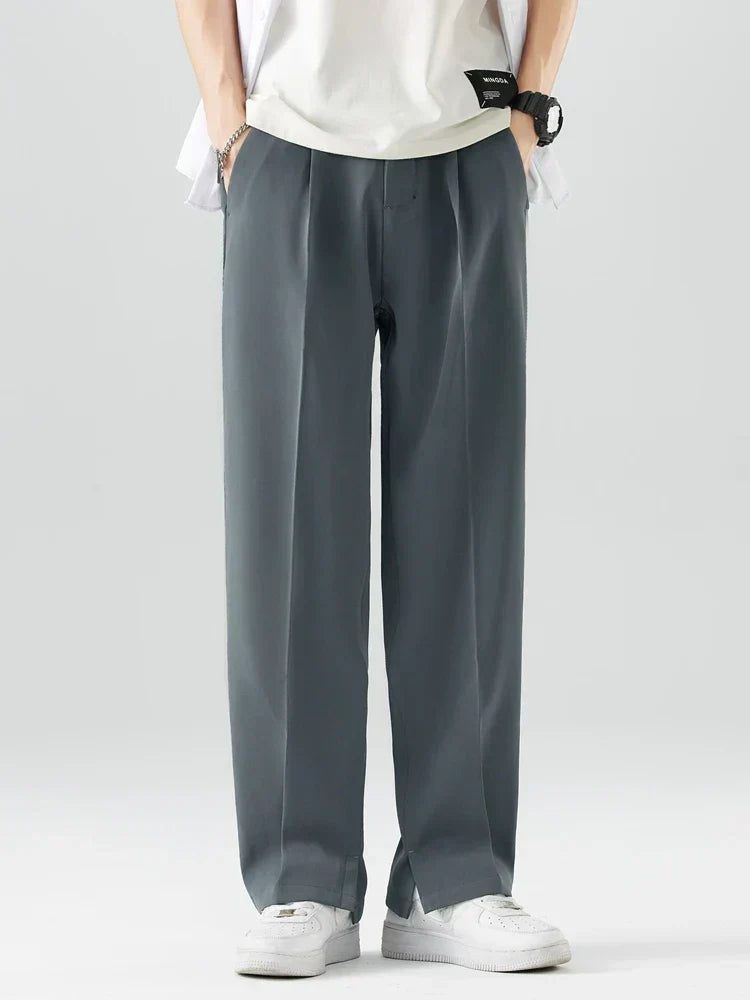 Close-up of the soft, breathable fabric of men's relaxed fit straight leg chinos, emphasizing comfort.
