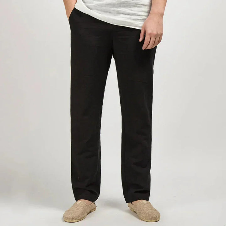 Casual men's linen trousers with a relaxed straight leg, designed for lightweight breathability and summer style.