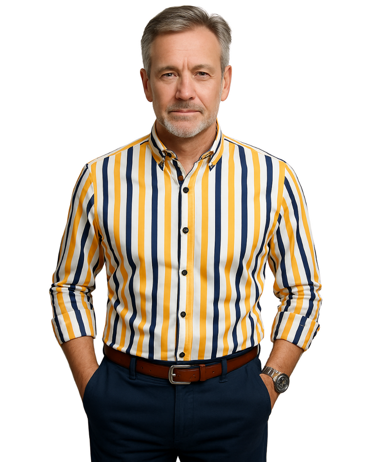 Relaxed fit men's striped shirt, a long sleeve button-down for everyday wear, offering classic, casual style.
