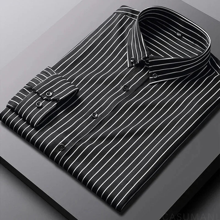 Stylish men's striped button-down shirt. Relaxed fit long sleeve ideal for smart casual or everyday men's fashion.