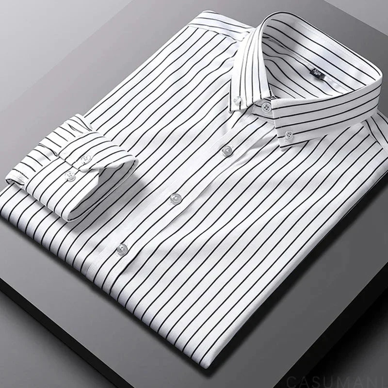 Comfortable relaxed fit men's striped long sleeve button-down shirt, a classic choice for casual fashion.