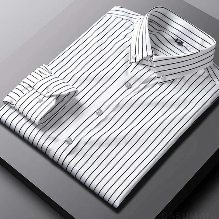 Comfortable relaxed fit men's striped long sleeve button-down shirt, a classic choice for casual fashion.