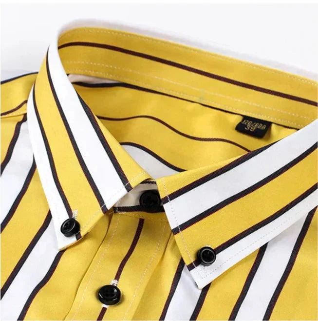 Versatile men's casual striped button-down long sleeve shirt, perfect for everyday or smart casual outfits.