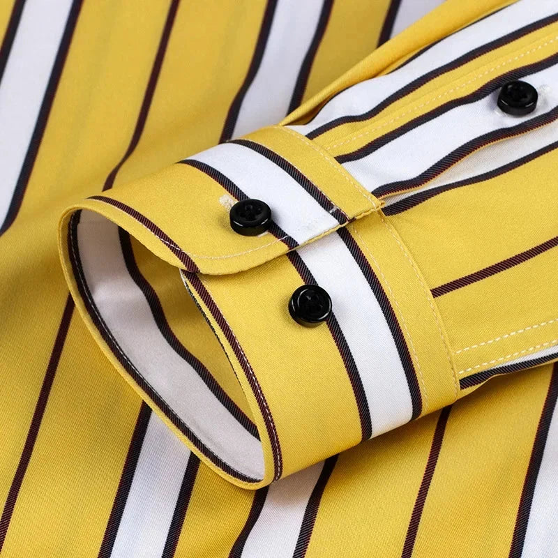 Classic men's striped button-down shirt in a relaxed fit. Long sleeve design for timeless casual style.