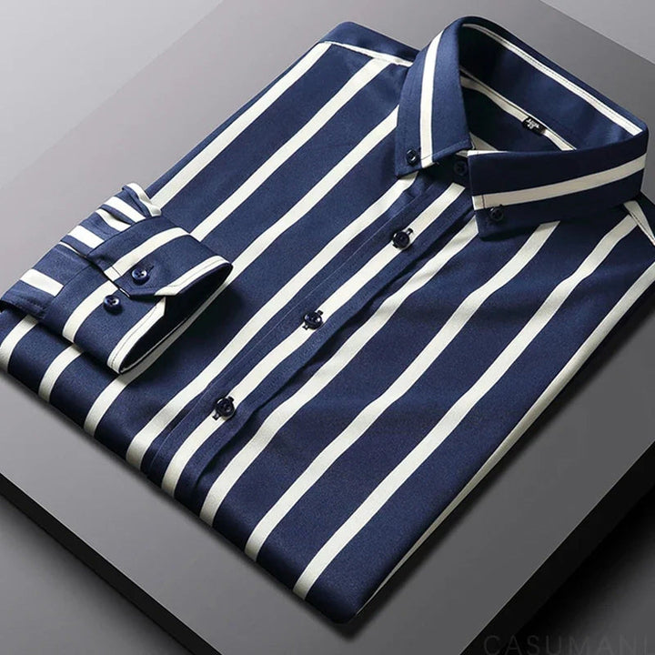 Stylish men's casual striped button-up shirt with a relaxed fit. Long sleeve, versatile for modern men's fashion.