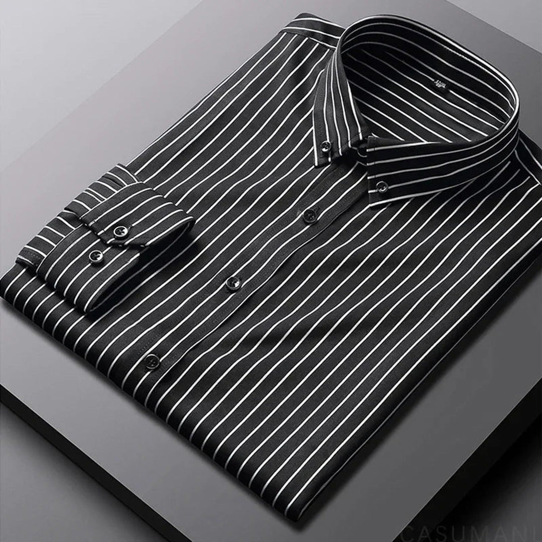 Relaxed fit men's striped button-up shirt, great for casual outings, everyday wear, and a comfortable smart look.