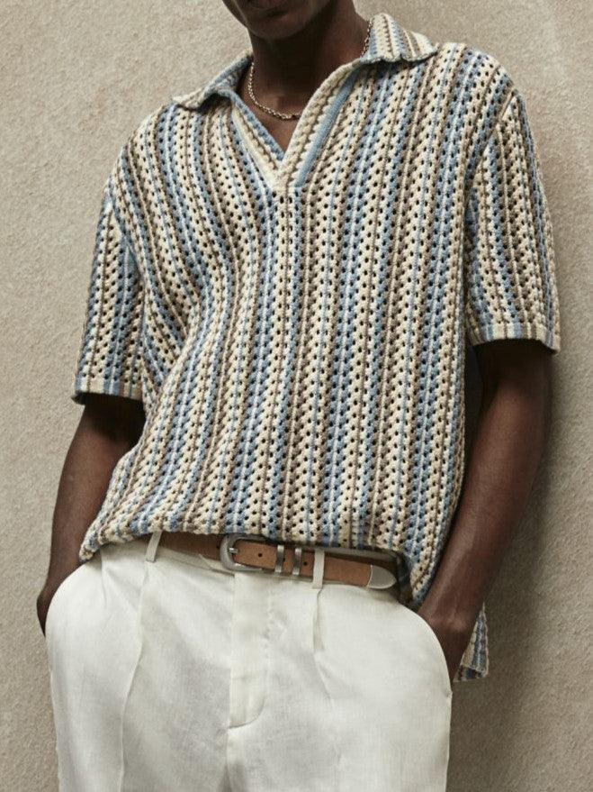 Men's relaxed fit striped polo shirt. Short-sleeve, casual summer top, ideal for warm weather and vacation wear.