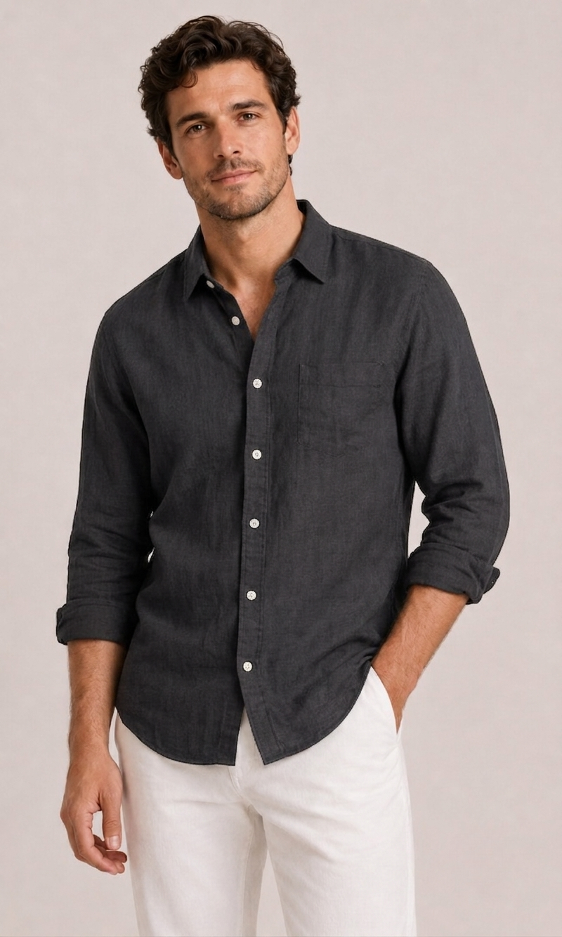 Men's relaxed fit summer button-down shirt, long sleeve, perfect for warm weather casual style.