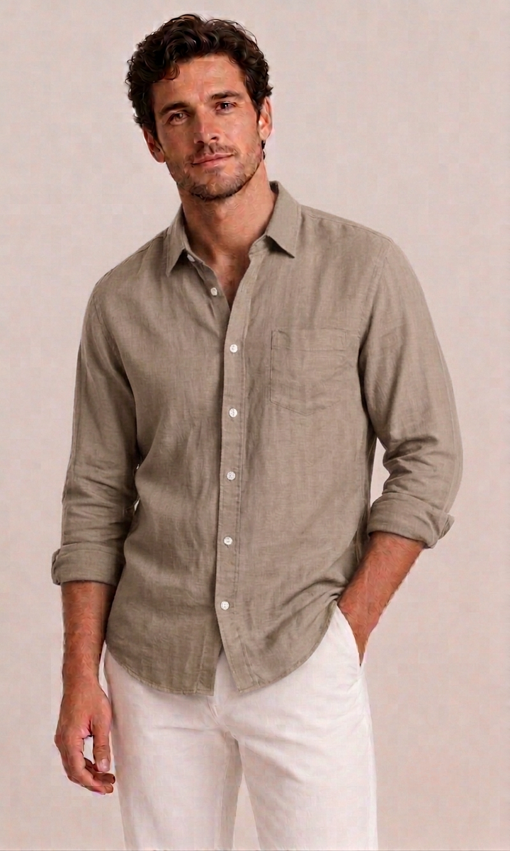 Lightweight men's relaxed fit summer button-down shirt, long sleeve, ideal for warm weather comfort.