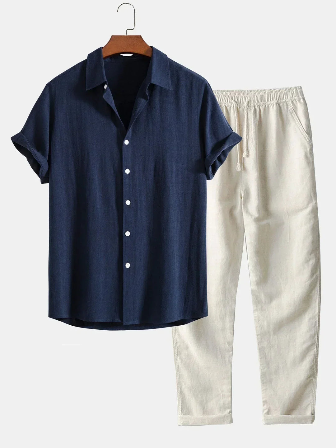 Men's relaxed fit summer co-ord set: short-sleeve shirt & matching trousers. Perfect for casual comfort & vacation.