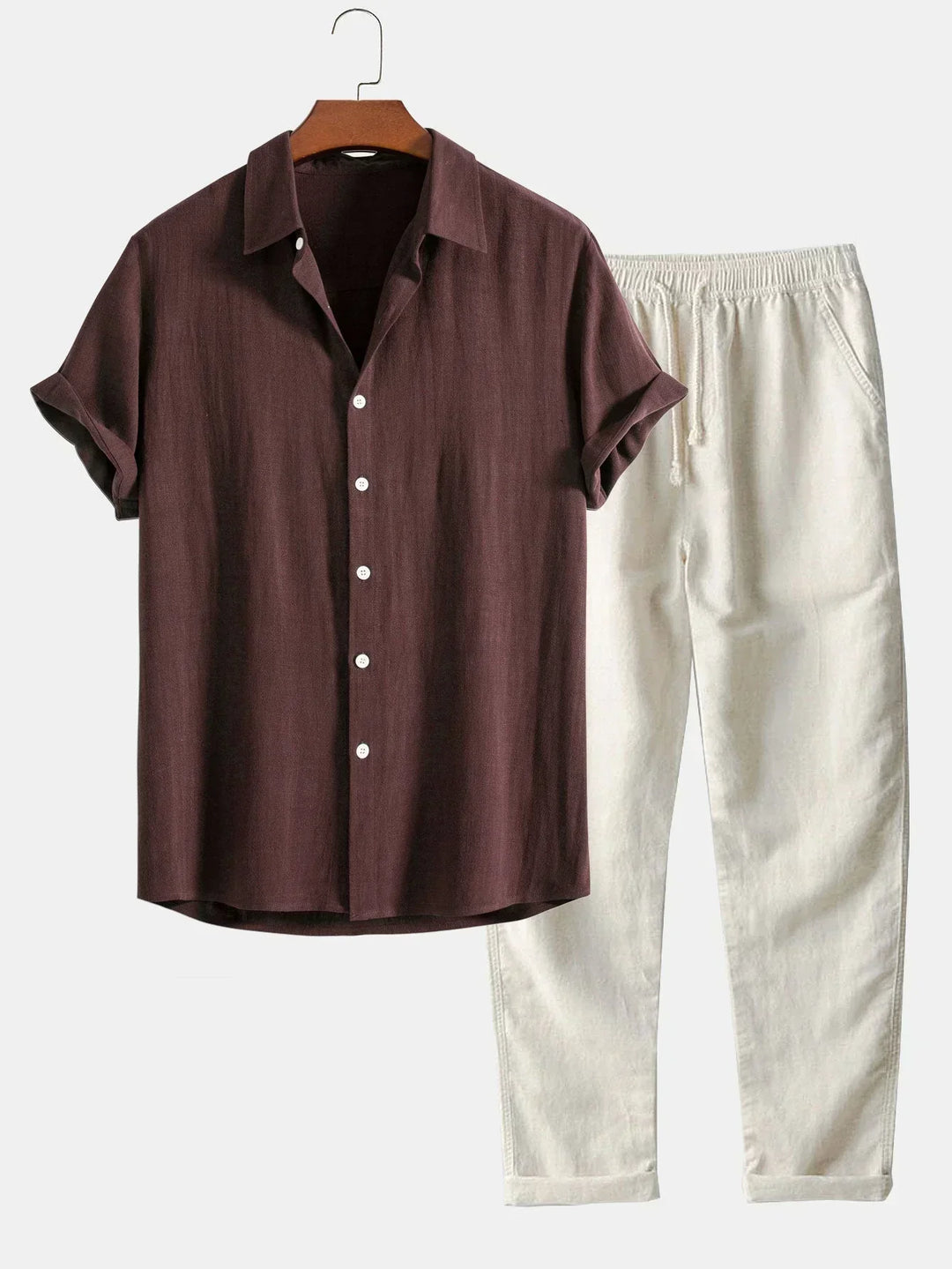 Stylish men's two-piece co-ord set with a relaxed fit shirt & trousers for a comfortable, casual summer look.