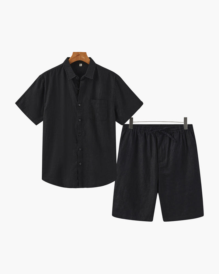 Stylish men's summer outfit: relaxed fit shirt and shorts co-ord set for warm days.