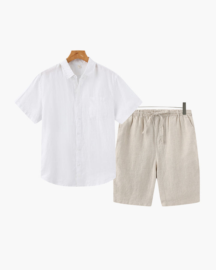 Relaxed fit men's summer shirt and shorts set. Two-piece casual wear for comfortable fashion.