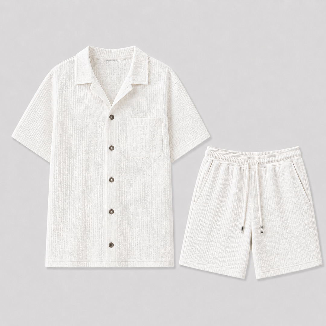 Men's relaxed fit summer shirt & shorts set in a light fabric, perfect for casual outings or beach vacations. Comfortable two-piece.