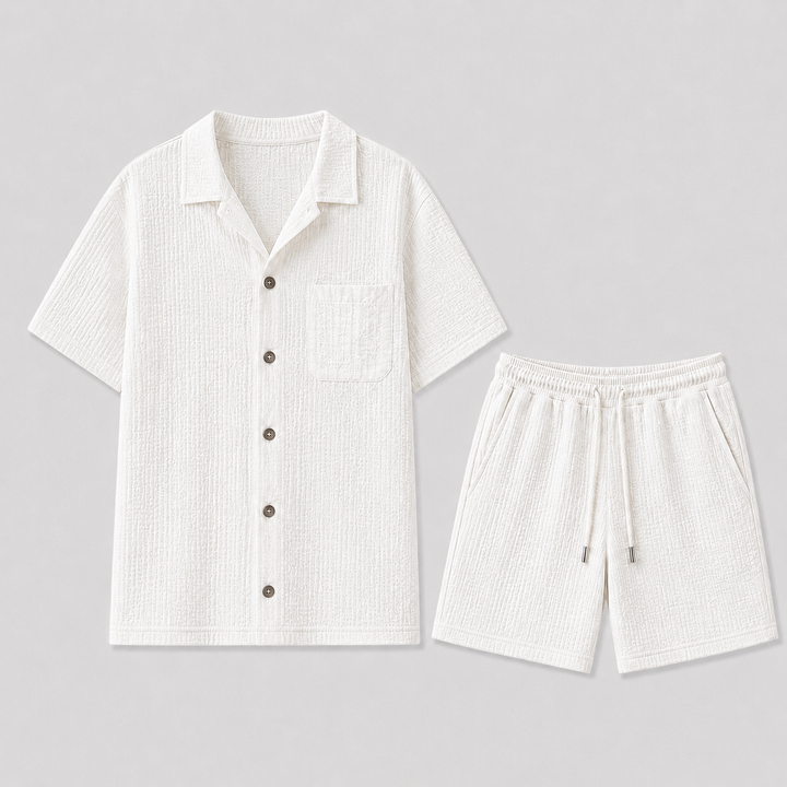 Men's relaxed fit summer shirt & shorts set in a light fabric, perfect for casual outings or beach vacations. Comfortable two-piece.