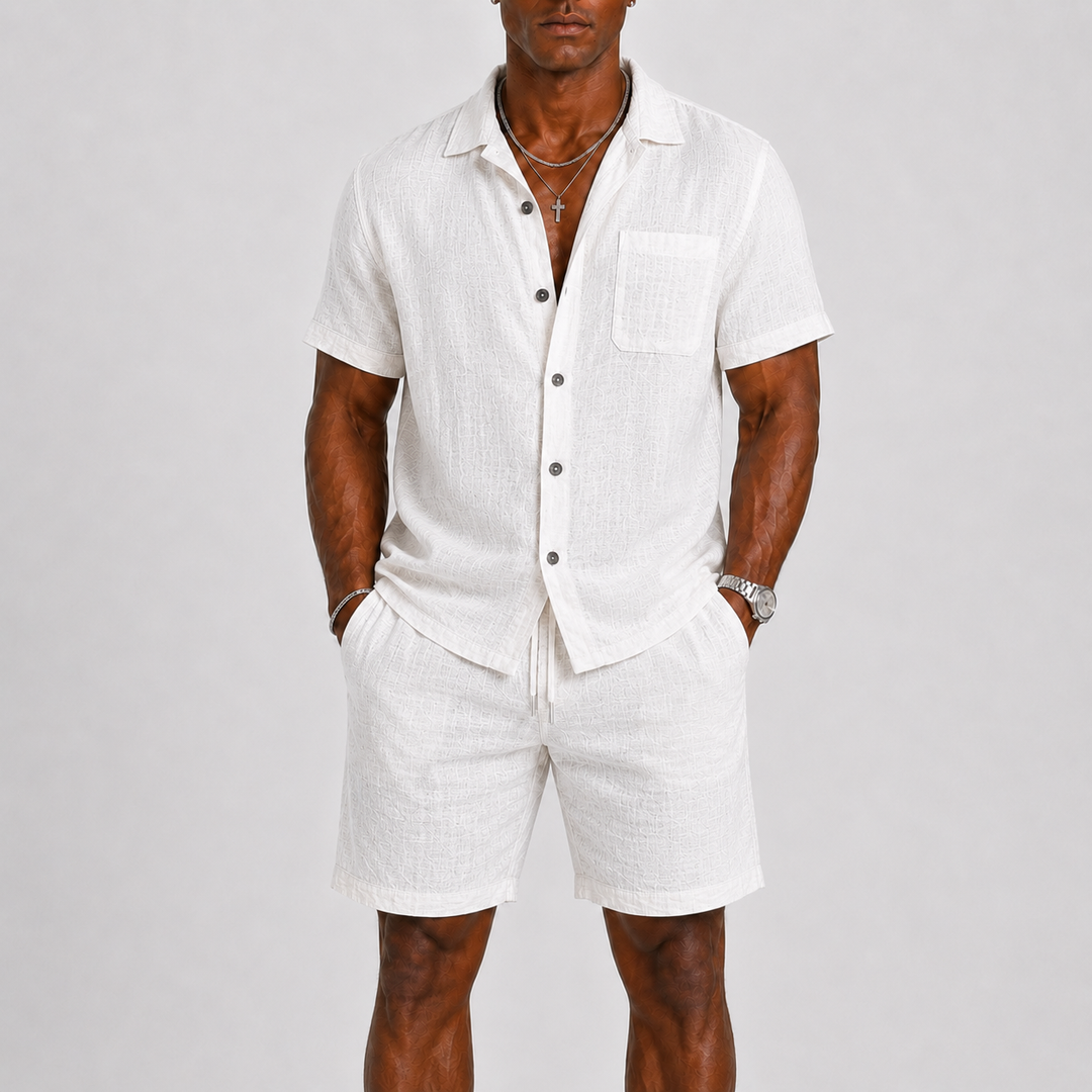 Lightweight men's relaxed fit summer set, ideal for vacation wear, beach days, or comfortable patio lounging. Stylish & cool.
