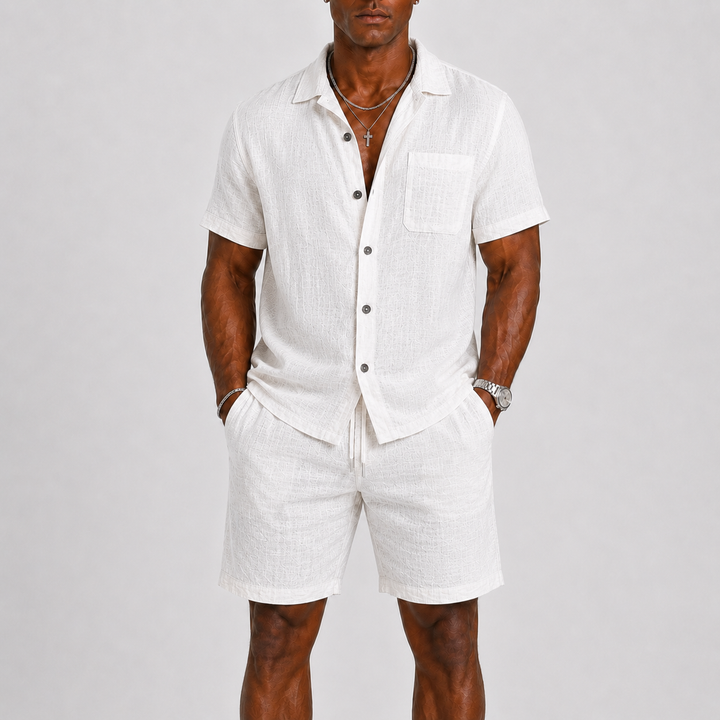 Lightweight men's relaxed fit summer set, ideal for vacation wear, beach days, or comfortable patio lounging. Stylish & cool.