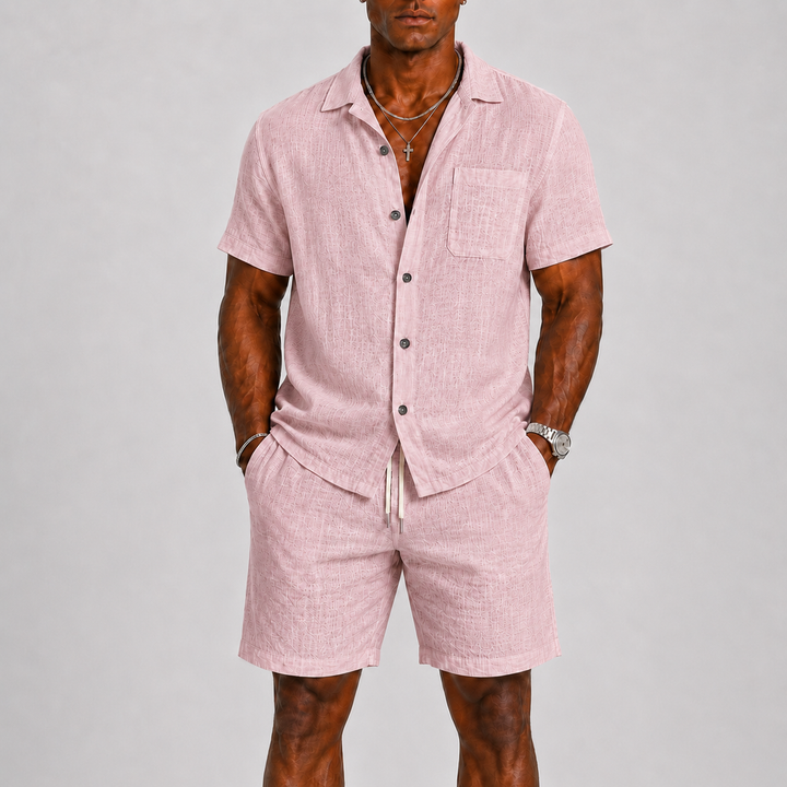 Comfortable men's summer shirt & shorts set. Relaxed fit, lightweight fabric, elastic waist shorts, great for vacation or home.