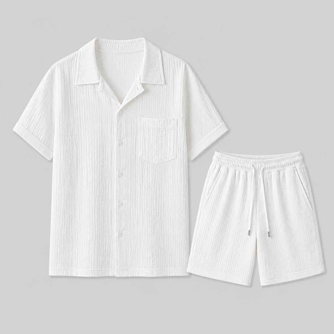Men's relaxed fit summer shirt & shorts set, perfect for beach or casual wear, in a light, breathable fabric.