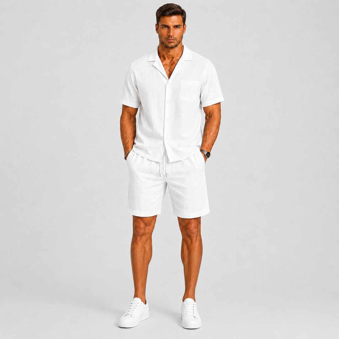 Two-piece men's short sleeve shirt & shorts lounge set, ideal for comfortable daily wear or vacation.
