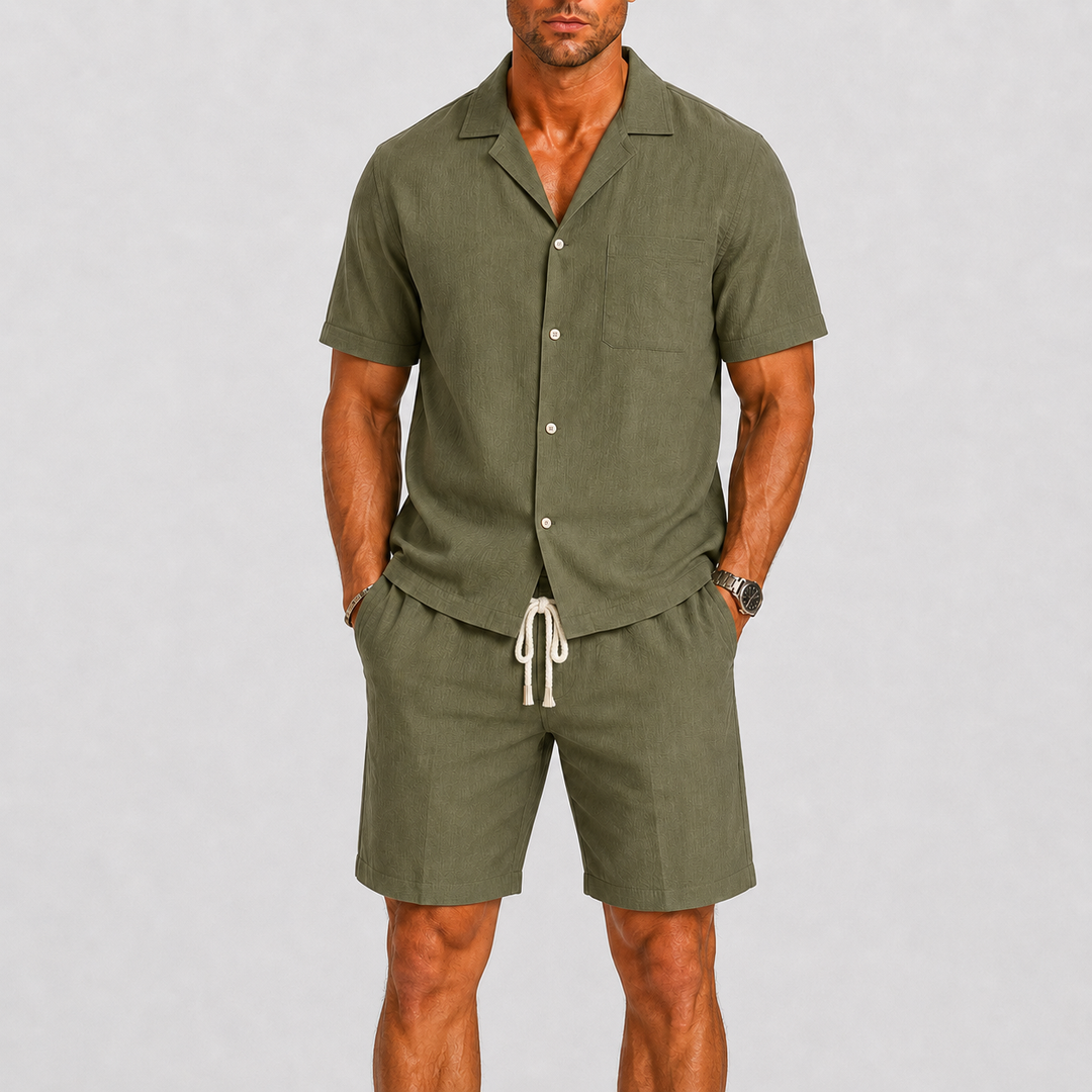 Lightweight men's shorts set for summer, a relaxed fit short sleeve shirt and matching bottoms, ideal for vacation.