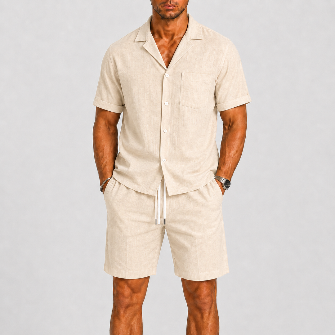 Comfortable men's relaxed summer shirt & shorts set, designed for beach days, lounging, or warm weather fashion.