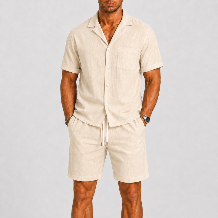 Comfortable men's relaxed summer shirt & shorts set, designed for beach days, lounging, or warm weather fashion.