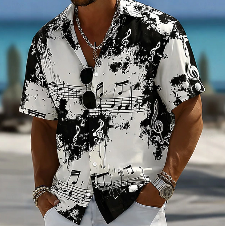 Stylish men's short sleeve button-down summer shirt, featuring a unique abstract splash print for beachwear.