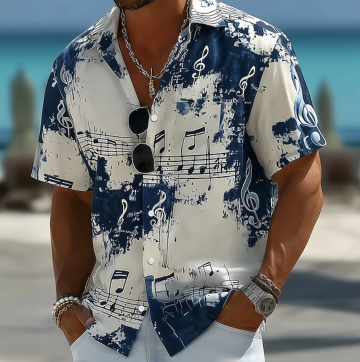 Men's short sleeve summer shirt with a bold abstract splash print. Relaxed fit for casual wear & vacation style.