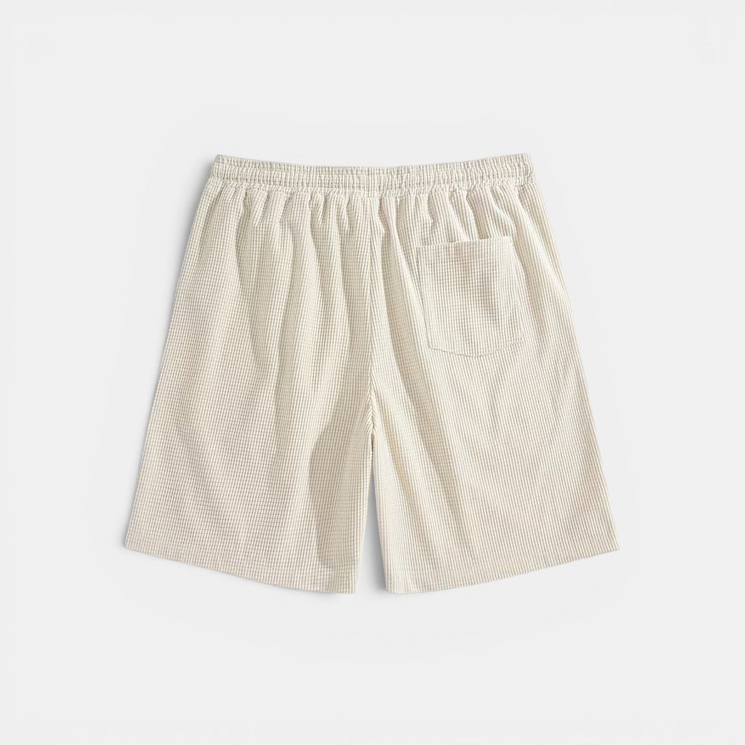 Drawstring men's relaxed fit summer shorts. Elastic waist for adjustable comfort & easy casual styling.